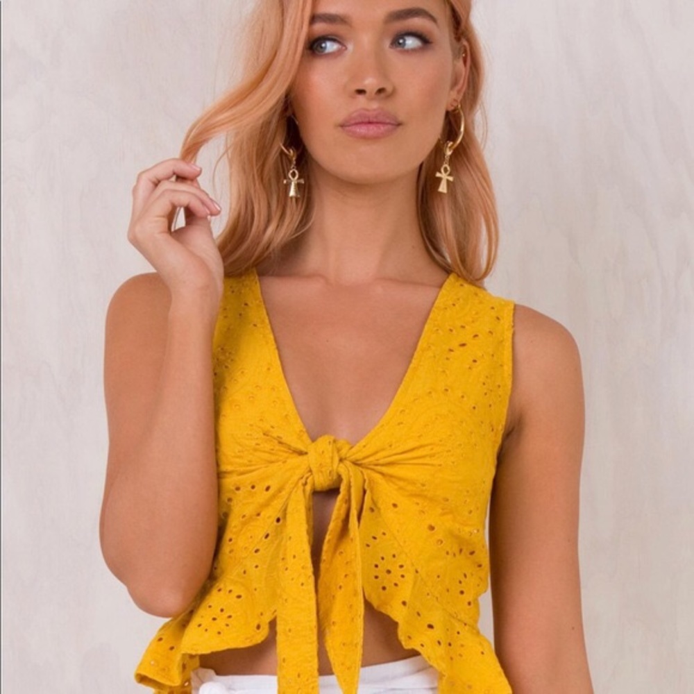 yellow eyelet tie crop top
